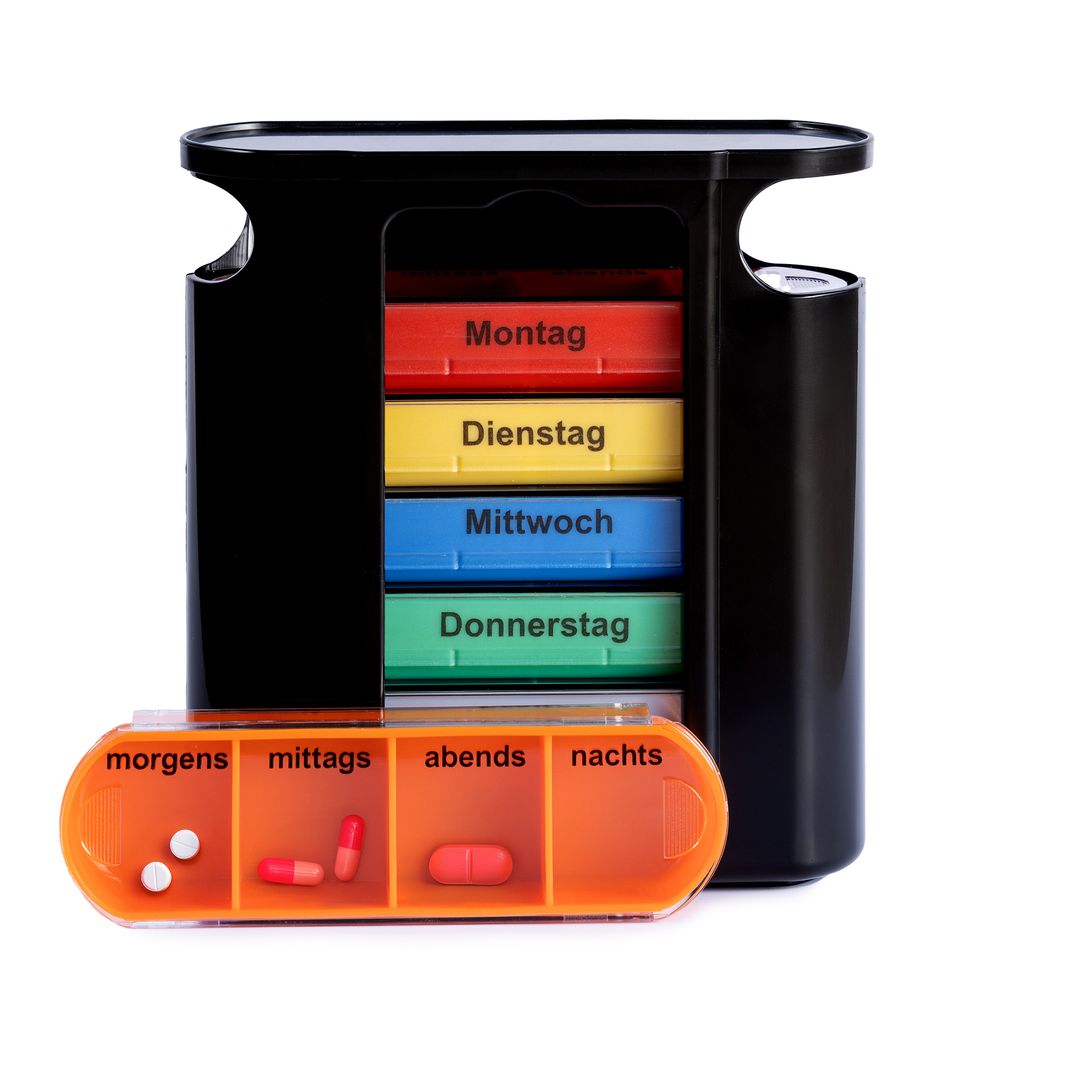 Laro Tablettenbox Schwarz 7 Tage – 4 Fächer – 3/4//6/12/24/48/96 Stück