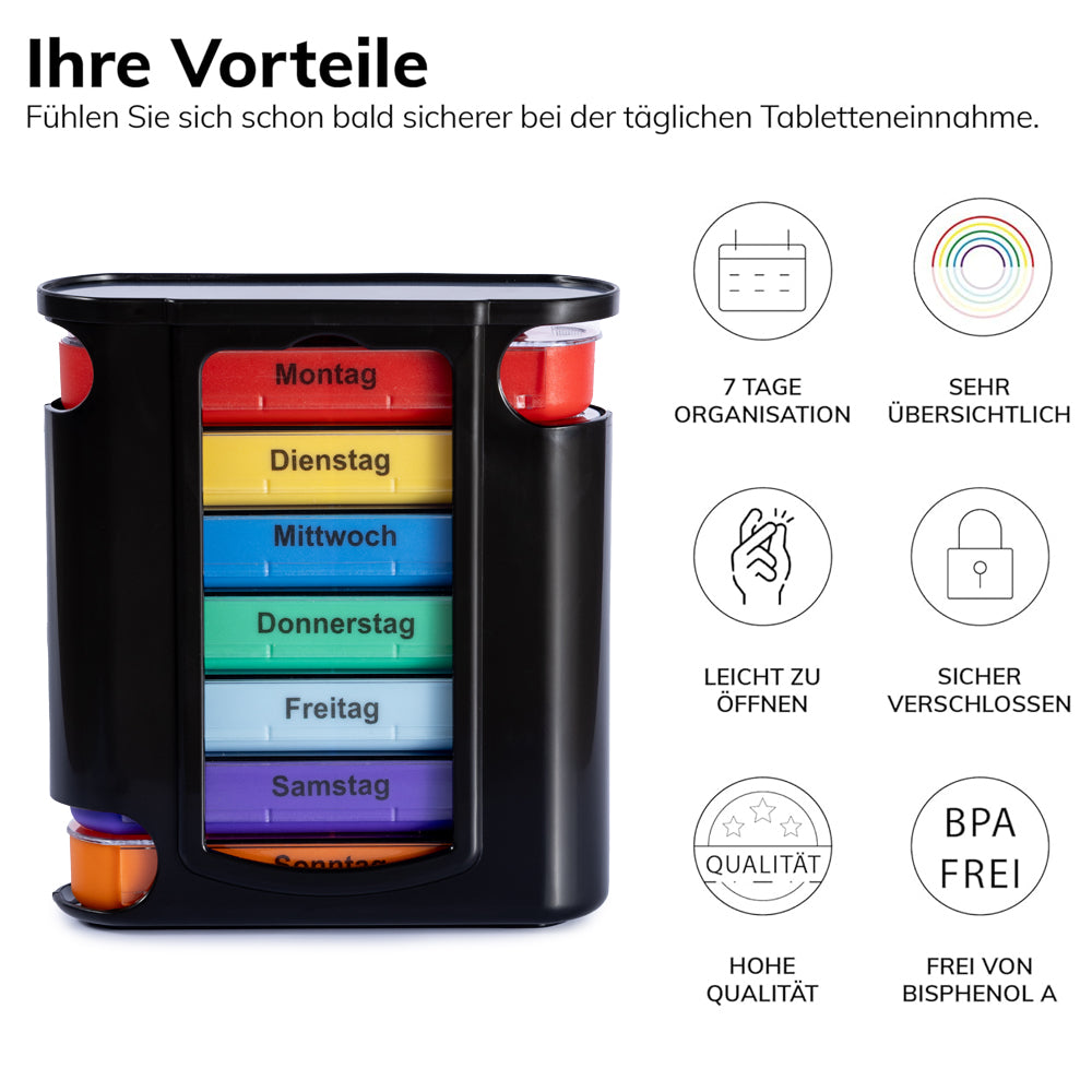 Laro Tablettenbox Schwarz 7 Tage – 4 Fächer – 3/4//6/12/24/48/96 Stück