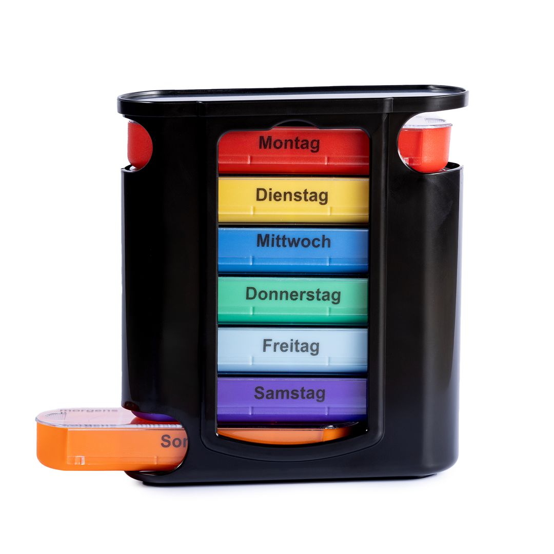 Laro Tablettenbox Schwarz 7 Tage – 4 Fächer – 3/4//6/12/24/48/96 Stück
