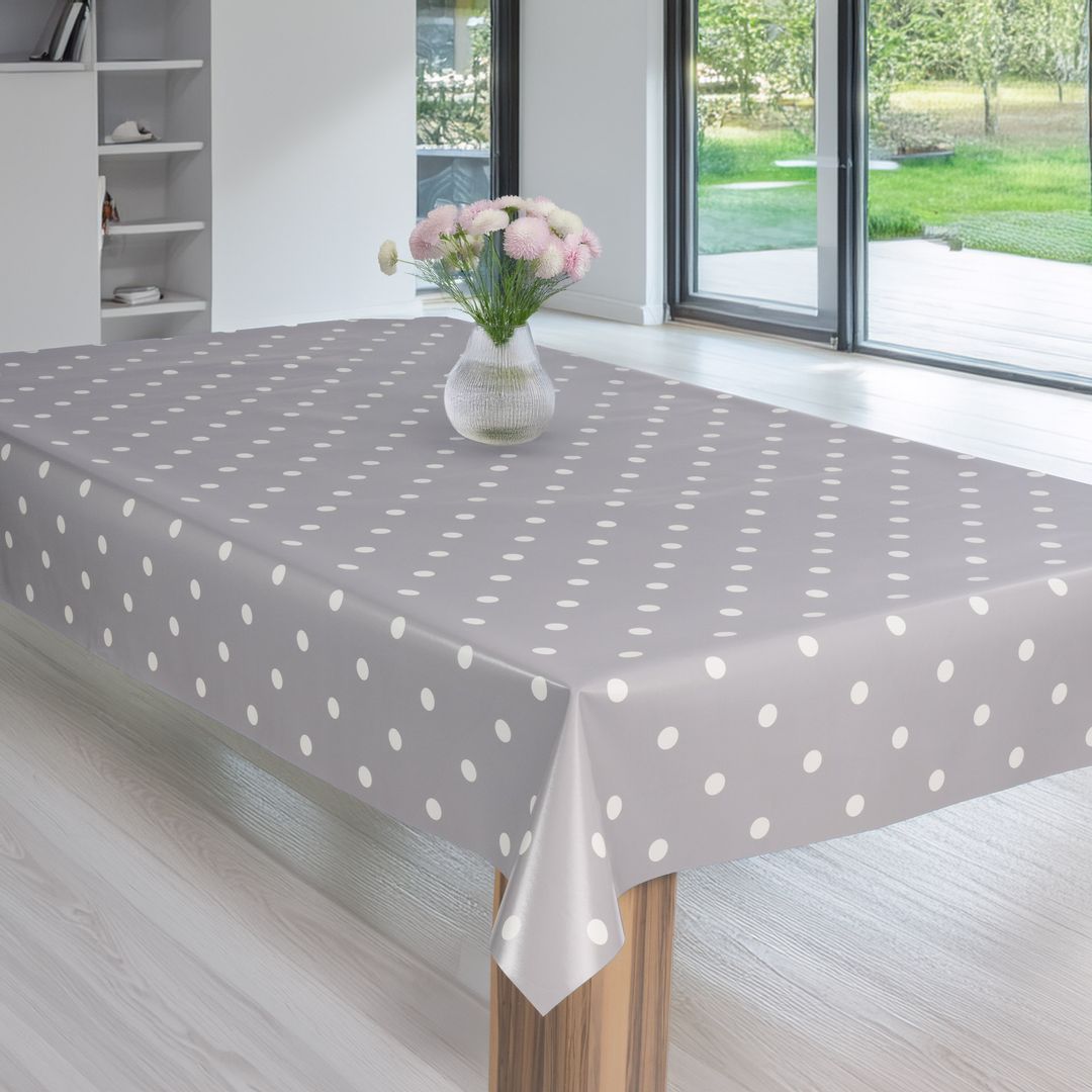 laro Wachstuch-Tischdecke Wachstischdecke Gartentischdecke Punkte Hellgrau Weiß