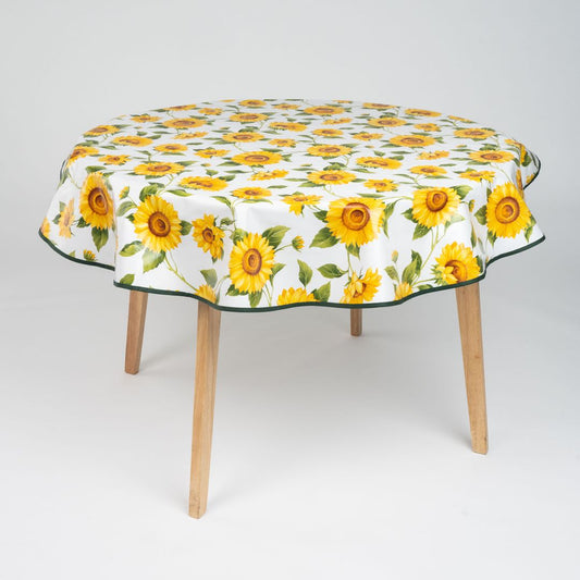 laro 140cm runde Tischdecke Saum-Eingefasst Sonnenblumen Sonnenfreude Gelb Weiß