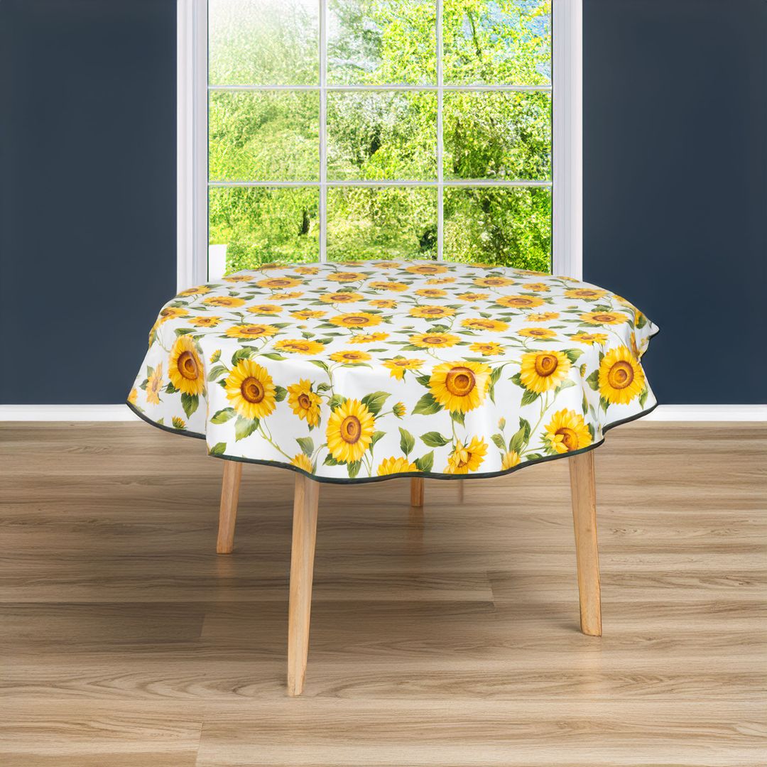 laro 140cm runde Tischdecke Saum-Eingefasst Sonnenblumen Sonnenfreude Gelb Weiß