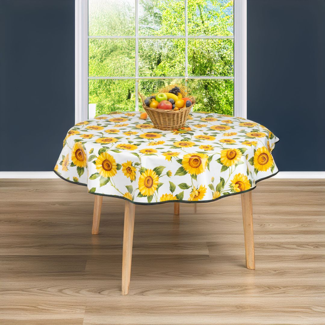 laro 140cm runde Tischdecke Saum-Eingefasst Sonnenblumen Sonnenfreude Gelb Weiß