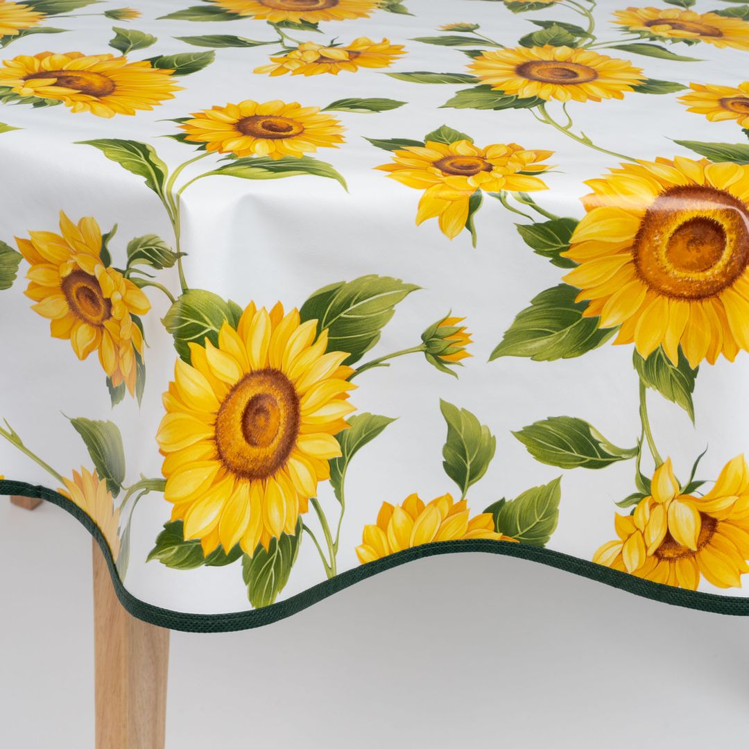 laro 140cm runde Tischdecke Saum-Eingefasst Sonnenblumen Sonnenfreude Gelb Weiß