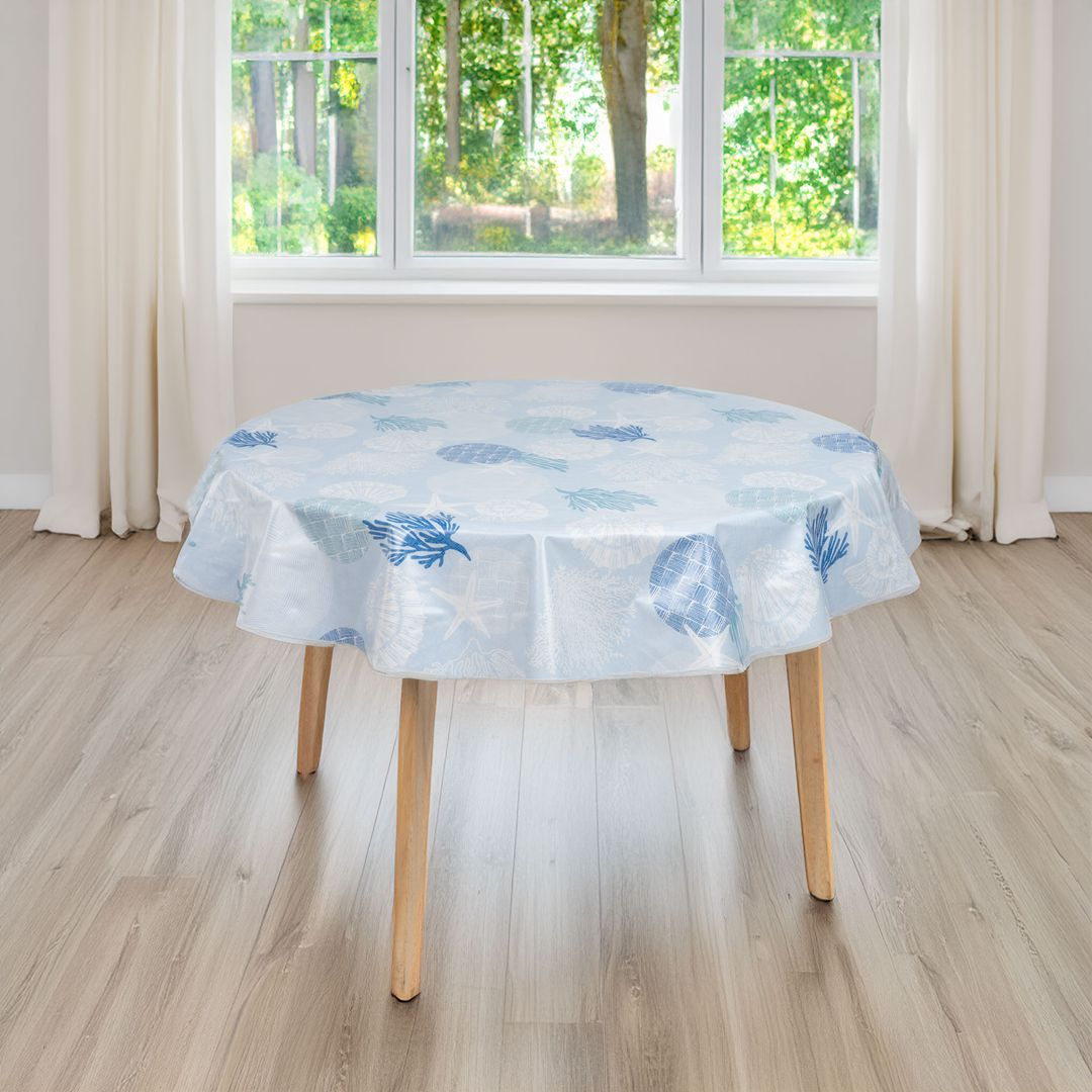 laro 140cm runde Wachstuchtischdecke Saum-Eingefasst Strand Muschel Koralle Blau