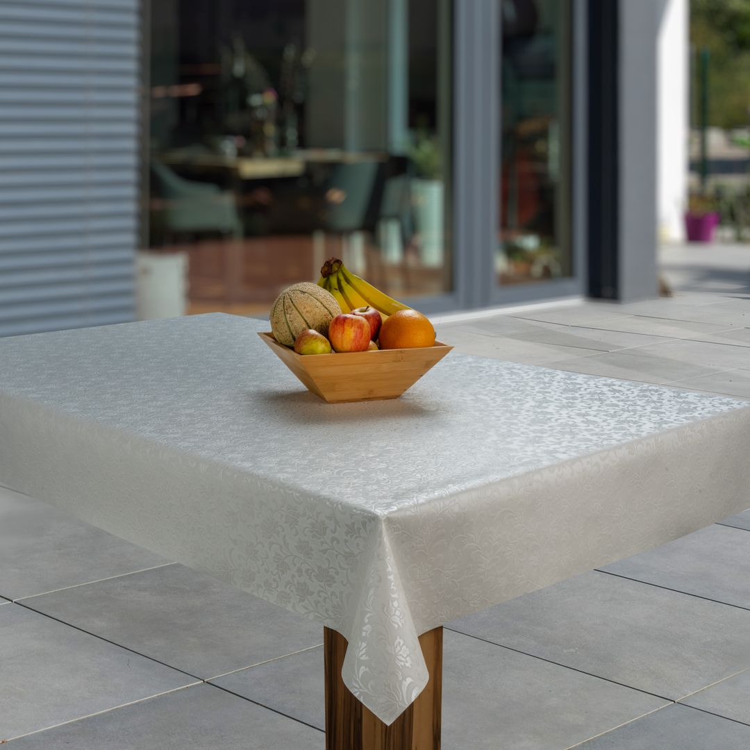 Wachstuch-Tischdecken Geprägt Relief Blumen Grau Weiß rechteckig